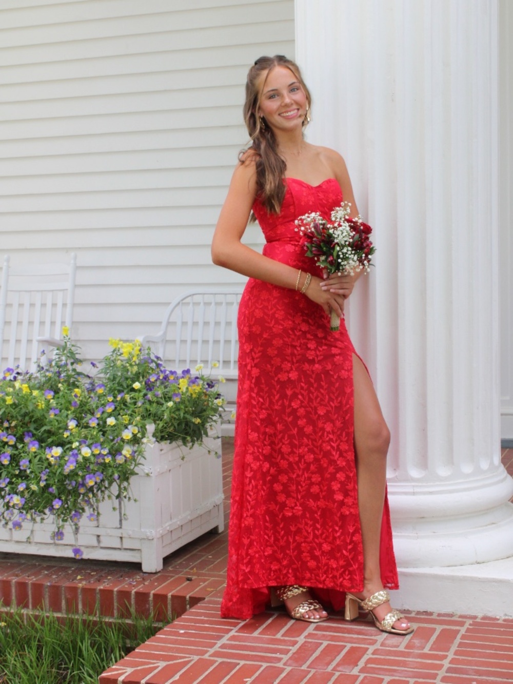 Red strapless prom dress
